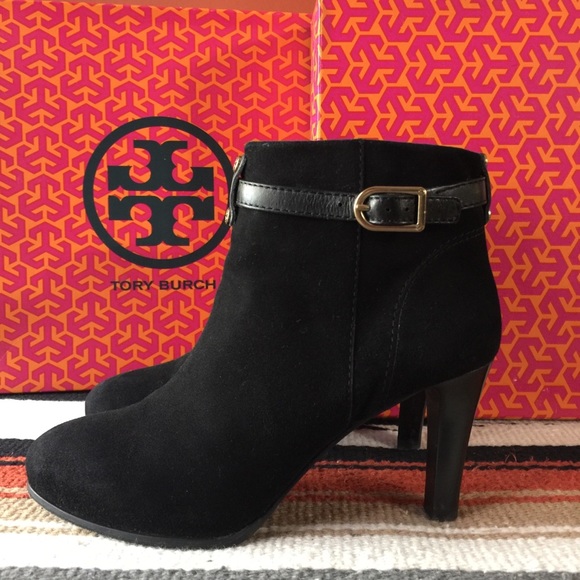 Tory Burch Black Suede Patricia Mid Heel Bootie - Picture 2 of 8